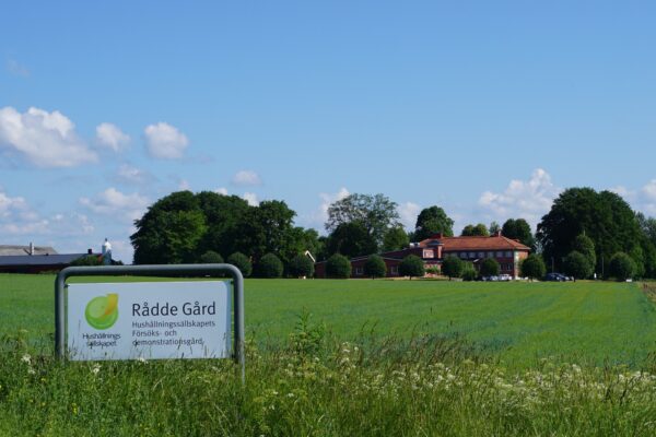 Skylt i förgrunden visar texten ”Rådde Gård” och ”Hushållningssällskapets försöks- och demonstrationsgård”. Skylten står vid en grön åker, med en röd gårdsbyggnad och träd i bakgrunden under klarblå himmel.