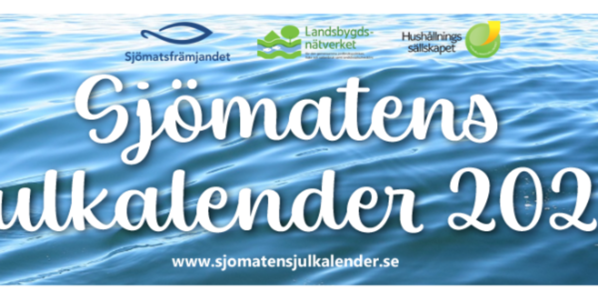 Blå vattenyta med juliga snöflingor och stjärnor ramar in texten “Sjömatens Julkalender 2023”. Överst syns logotyperna “Sjömatfrämjandet”, “Landsbygdsnätverket” och “Hushållningssällskapet”, samt webbadressen “www.sjomatensjulkalender.se”.