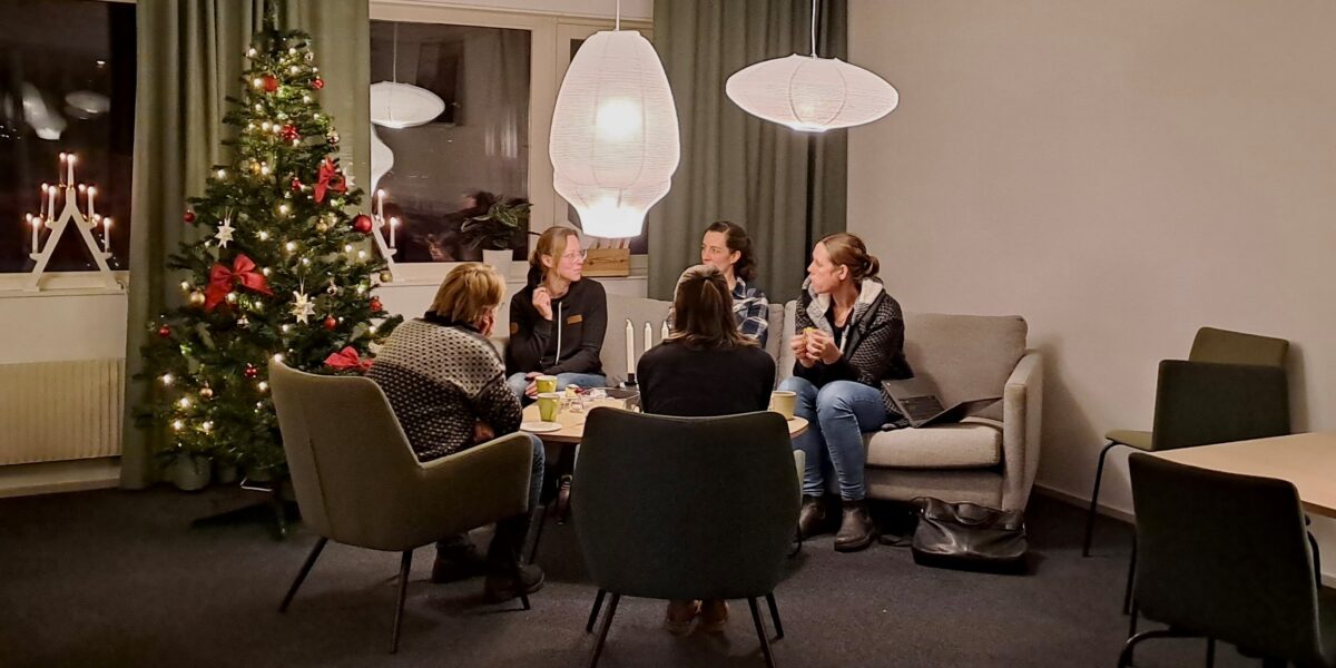 Fem personer sitter och samtalar runt ett lågt bord med koppar och papper. De möts i ett mysigt rum med soffhörna, stora taklampor och en pyntad julgran samt adventsljusstakar i fönstren.