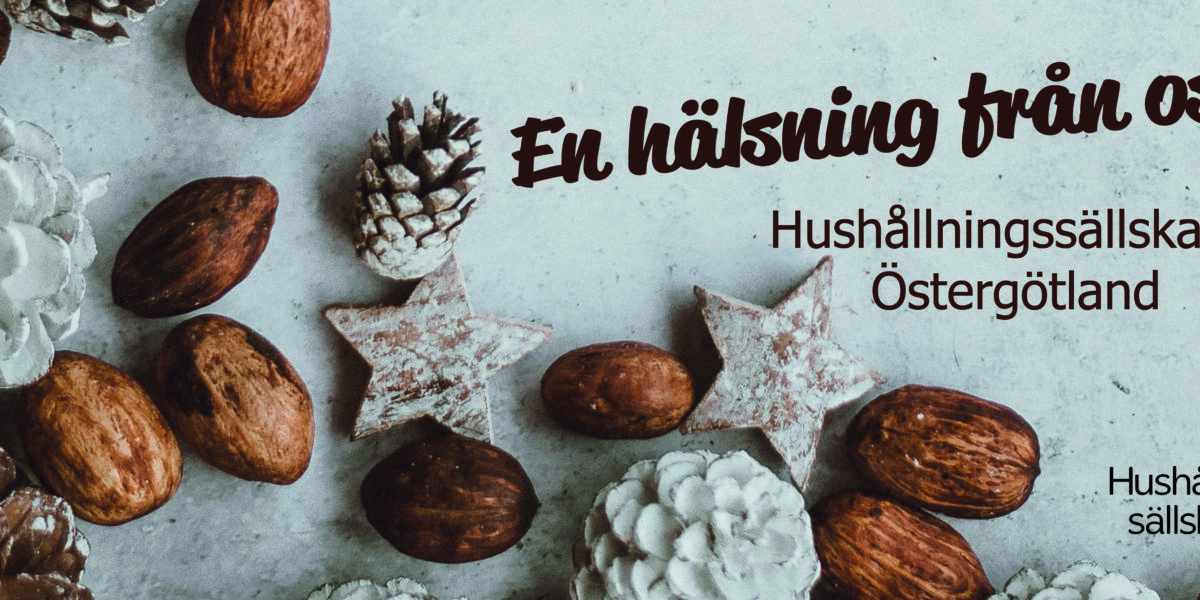 Julig toppbanner med mandlar, kottar och två stjärnformade dekorationer på grå bakgrund. Text: ”En hälsning från oss på Hushållningssällskapet Östergötland” samt logotyp och text ”Hushållningssällskapet” nere till höger.