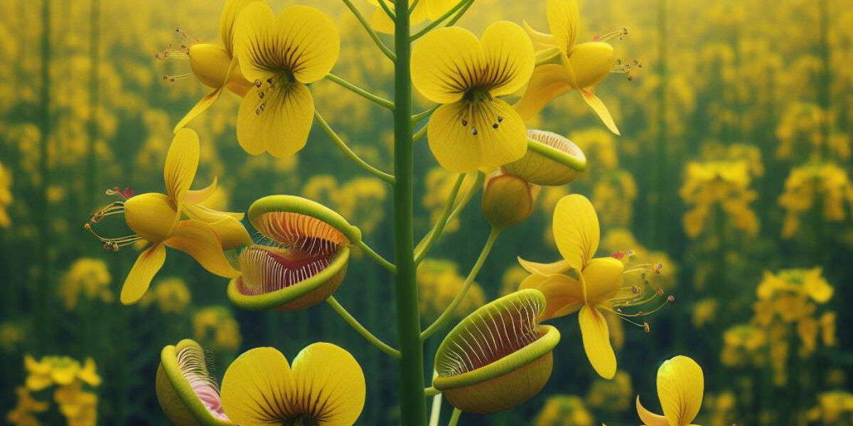 Gula blommor på en grön stjälk står i fokus, där flera blomkalkar liknar köttätande fällor med öppna “munnar” och synliga ribbor. I bakgrunden breder en suddig gul blomsteräng ut sig.