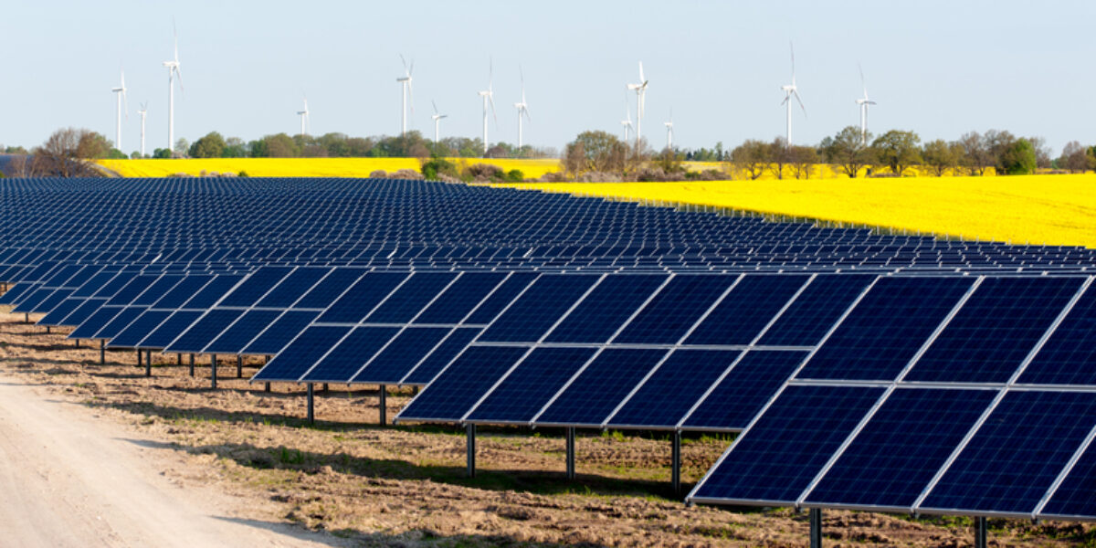 Stora rader av blå solpaneler står uppställda och sträcker sig över ett fält, med en grusväg i förgrunden. I bakgrunden syns flera vindkraftverk och gula blommande åkrar under klar himmel.