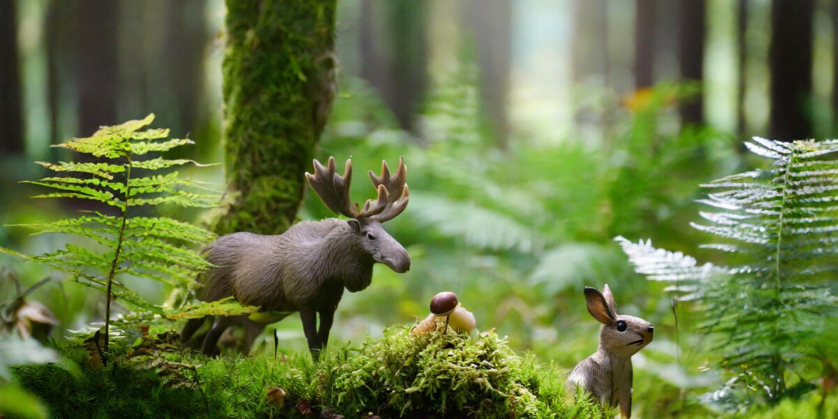 En liten älgfigur står på en mossig skogskulle och tittar åt höger, medan en kaninfigur sitter bredvid. Runt dem växer ormbunkar och små svampar, med suddiga trädstammar i bakgrunden.
