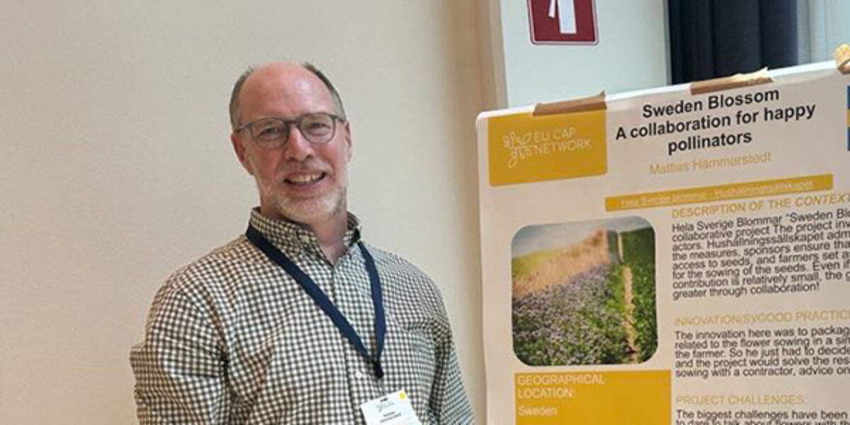 Man med glasögon och rutiga skjortan står och ler bredvid en konferensposter. Postern har rubriken ”Sweden Blossom – A collaboration for happy pollinators” och visar ett foto av en blommande åker; inomhusmiljö med brandsläckarskylt i bakgrunden.