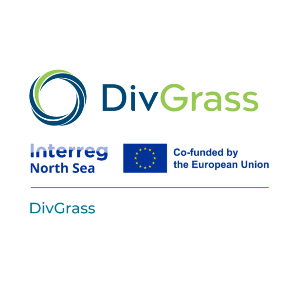 DivGrass-logotyp med cirkulär symbol i blått och grönt. Under syns texten ”Interreg North Sea” samt EU-flagga med texten ”Co-funded by the European Union”. Längst ned står ”DivGrass”.
