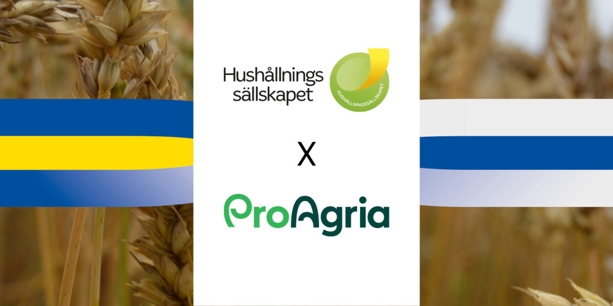 Veteax i bakgrunden ramas in av två band i blått och gult. I mitten står logotypen och texten “Hushållningssällskapet x ProAgria”, som visar ett samarbete mellan organisationerna.