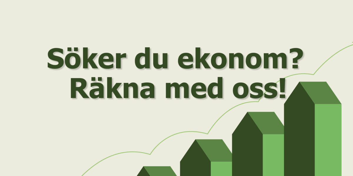 Texten “Söker du ekonom? Räkna med oss!” står stort i mörkgrönt och uppmanar att anlita en ekonom. Under syns gröna staplar som stiger som ett diagram, mot ljus bakgrund med enkla linjer.