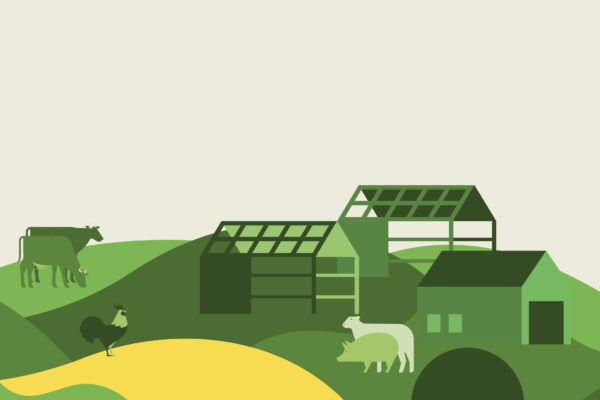 Stiliserad illustration av en gård där flera byggnader med glasade tak ligger bland gröna kullar. En ko och kalv står till vänster, en tupp promenerar nära en gul åker, och får samt gris betar framför ladugården.