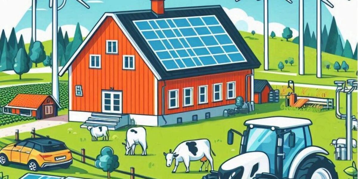 Röd bondgård med solpaneler på taket står i ett grönt landskap, medan vindkraftverk reser sig i bakgrunden. Framför betar kor, en traktor är parkerad, och markmonterade solpaneler samt elutrustning syns bredvid.