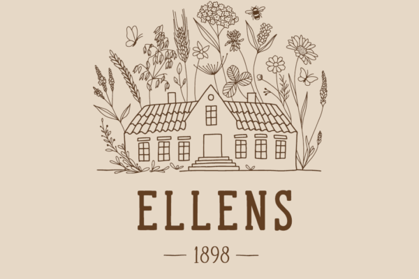 Logotyp för ellens restaurang med ett illustrerat hus och bakom syns blommor och växter.