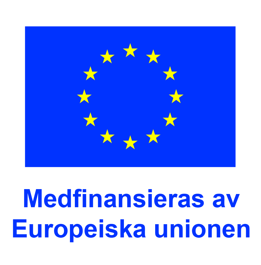 EU-flagga med tolv gula stjärnor i en cirkel på blå bakgrund, placerad ovanför stor blå text. Texten lyder: ”Medfinansieras av Europeiska unionen”, som anger att projektet får EU-medfinansiering.