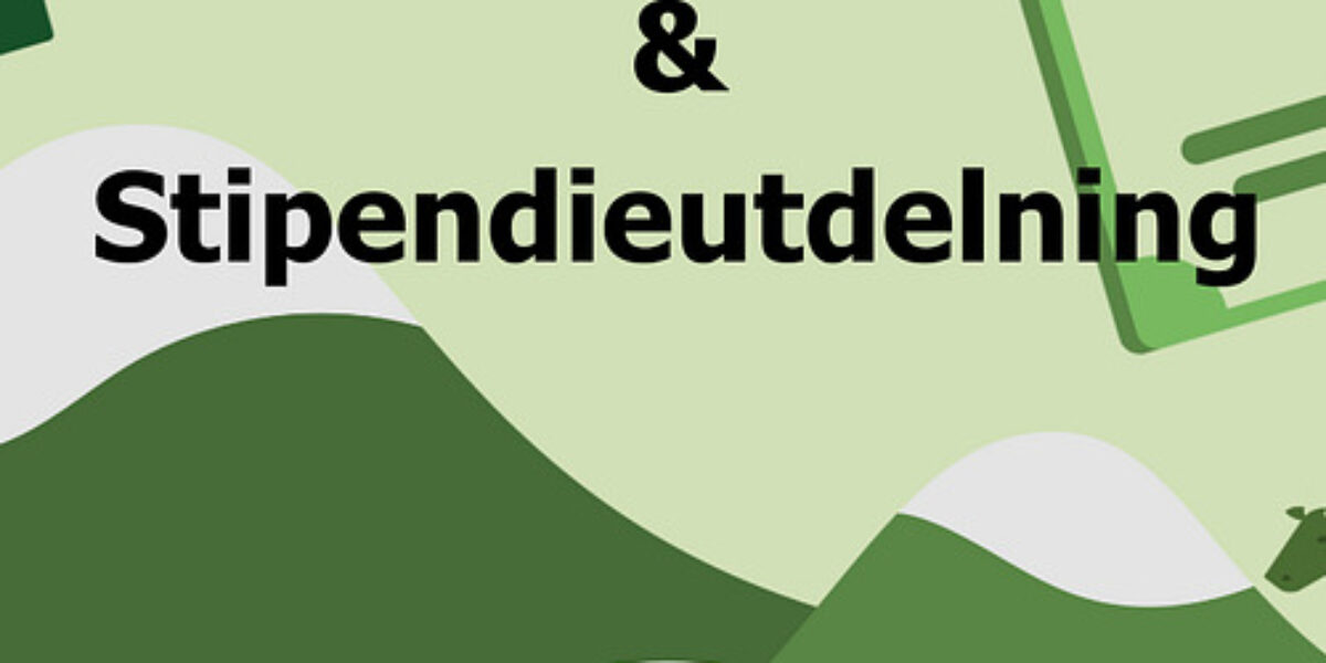 Affisch med rubriken ”Boksläpp & Stipendieutdelning” som annonserar ett evenemang, på ljusgrön bakgrund med vågformade gröna fält och en stiliserad bok i övre högra hörnet; längst ner står ”Hushållnings sällskapet”.