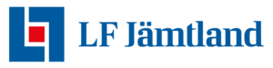 LF Jämtlands logotyp visas: ett blått, stiliserat monogram med en röd kvadrat inuti till vänster, följt av den blå texten ”LF Jämtland” på vit bakgrund.