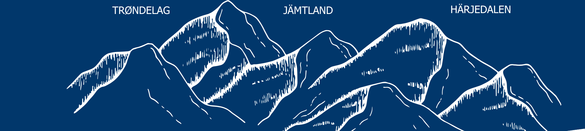 Stiliserad illustration av fjällkedja i vitt mot mörkblå bakgrund, med regionnamnen ”TRØNDELAG”, ”JÄMTLAND” och ”HÄRJEDALEN” över topparna. Diagonal text längst ner: ”RESILIENS PÅ TVERS”.