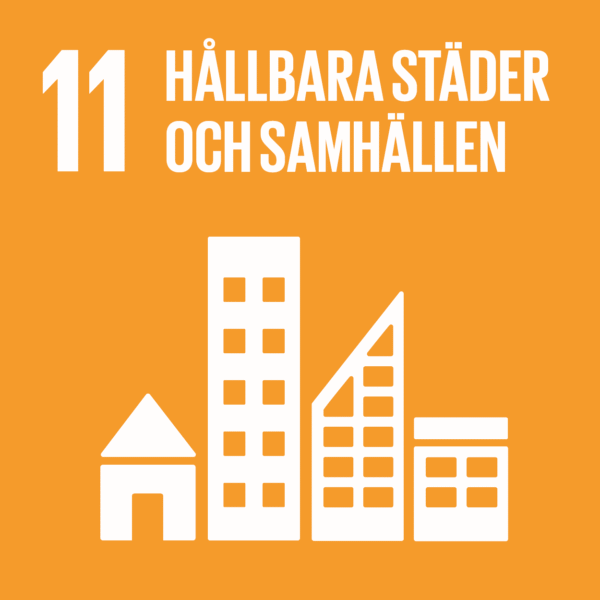 Vit ikon med flera byggnader mot orange bakgrund illustrerar en stadssilhuett. Texten lyder: ”11 HÅLLBARA STÄDER OCH SAMHÄLLEN”, som syftar på Globala målen mål 11 om hållbara städer och samhällen.