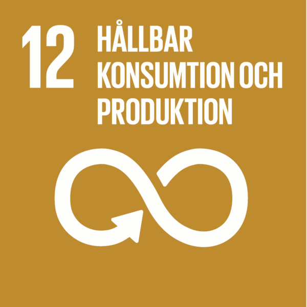 Grafik för Globala målet 12 med siffran ”12” och texten ”HÅLLBAR KONSUMTION OCH PRODUKTION”, samt en vit oändlighetssymbol med pil som visar cirkulär resursanvändning på brun bakgrund.