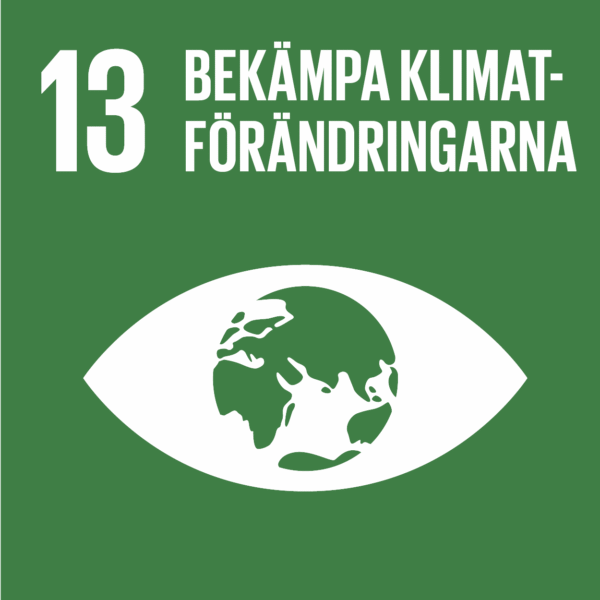 Grön ikon för Globala målet 13 som uppmanar att bekämpa klimatförändringarna; visar vit texten ”13 BEKÄMPA KLIMAT-FÖRÄNDRINGARNA” och en vit ögonsymbol med en jordglob i mitten.