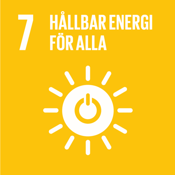 Gul SDG-ikon visar siffran 7 och texten ”HÅLLBAR ENERGI FÖR ALLA”, samt en vit solsymbol med strålar och en strömbrytarsymbol i mitten, som representerar målet om tillgång till hållbar energi.