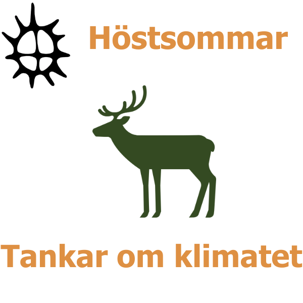 Illustration med texten ”Höstsomm ar” och ”Tankar om klimatet” som ramar in en grön siluett av en hjort. Uppe till vänster syns en svart stiliserad sol, på vit bakgrund.