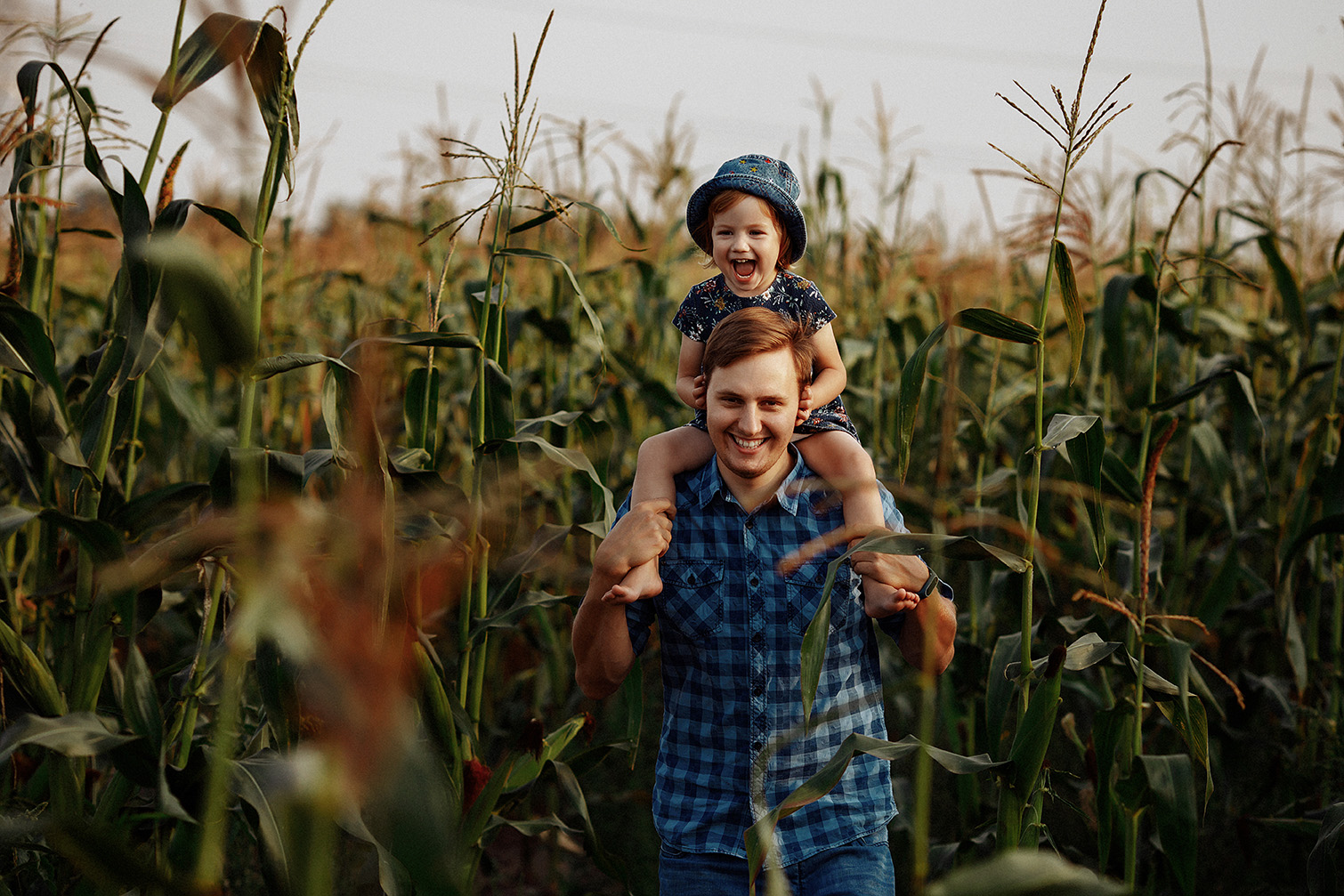 Ung man i blå rutig skjorta bär ett skrattande barn med hatt på sina axlar och går fram mellan höga majsplantor. De ler mot kameran i varm kvällsbelysning, omgivna av en tät majsåker.