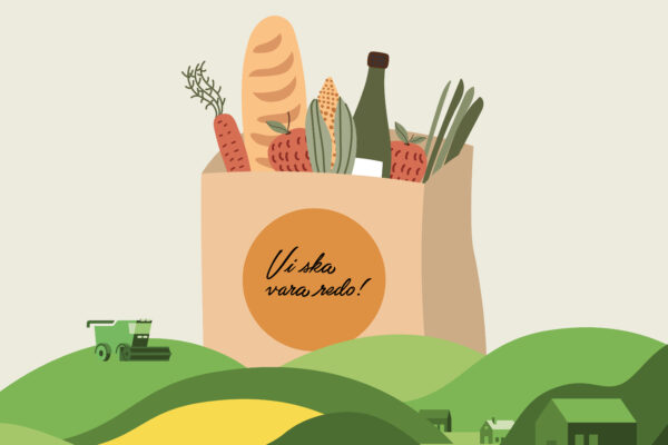 Illustration med gröna kullar, med skördare och en traktor, där en stor matkasse med orden Vi ska vara redo syns