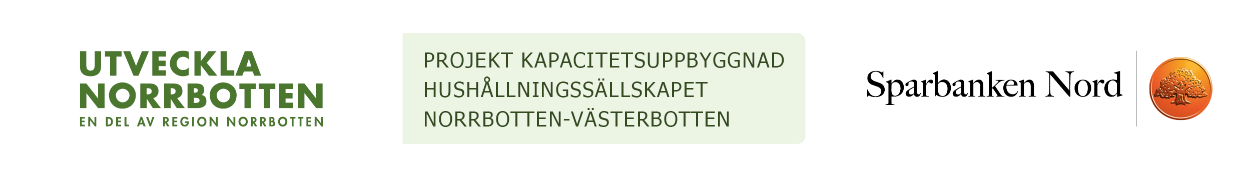 Tre sponsorlogotyper visas sida vid sida: ”UTVECKLA NORRBOTTEN – EN DEL AV REGION NORRBOTTEN”; en skylt med texten ”PROJEKT KAPACITETSUPPBYGGNAD HUSHÅLLNINGSSÄLLSKAPET NORRBOTTEN‑VÄSTERBOTTEN”; samt ”Sparbanken Nord” med orange trädemblem.