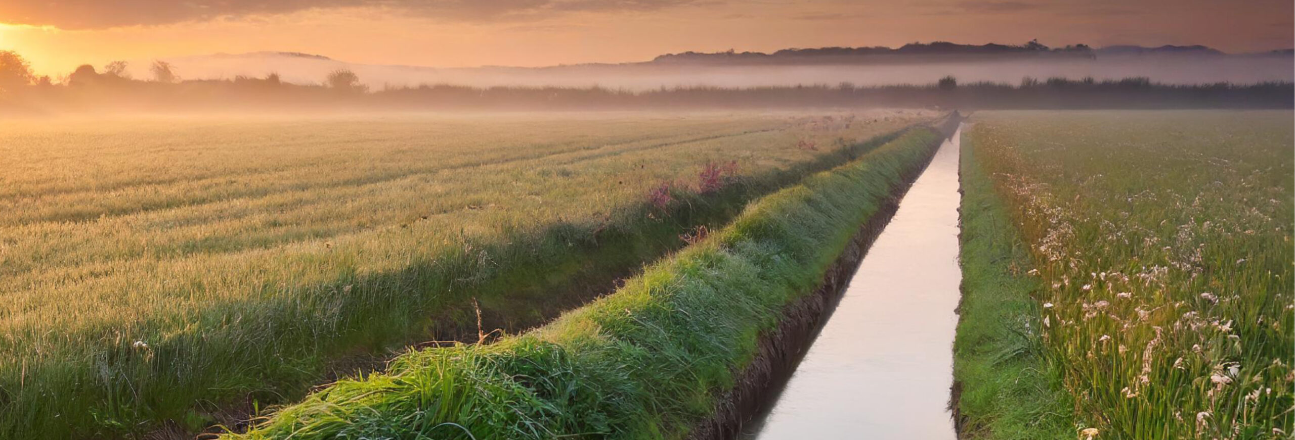 Långt rakt dräneringsdike med stilla vatten skär genom gröna åkrar och leder blicken mot horisonten. Morgondimma ligger över fälten, och himlen glöder i varm orange soluppgång.