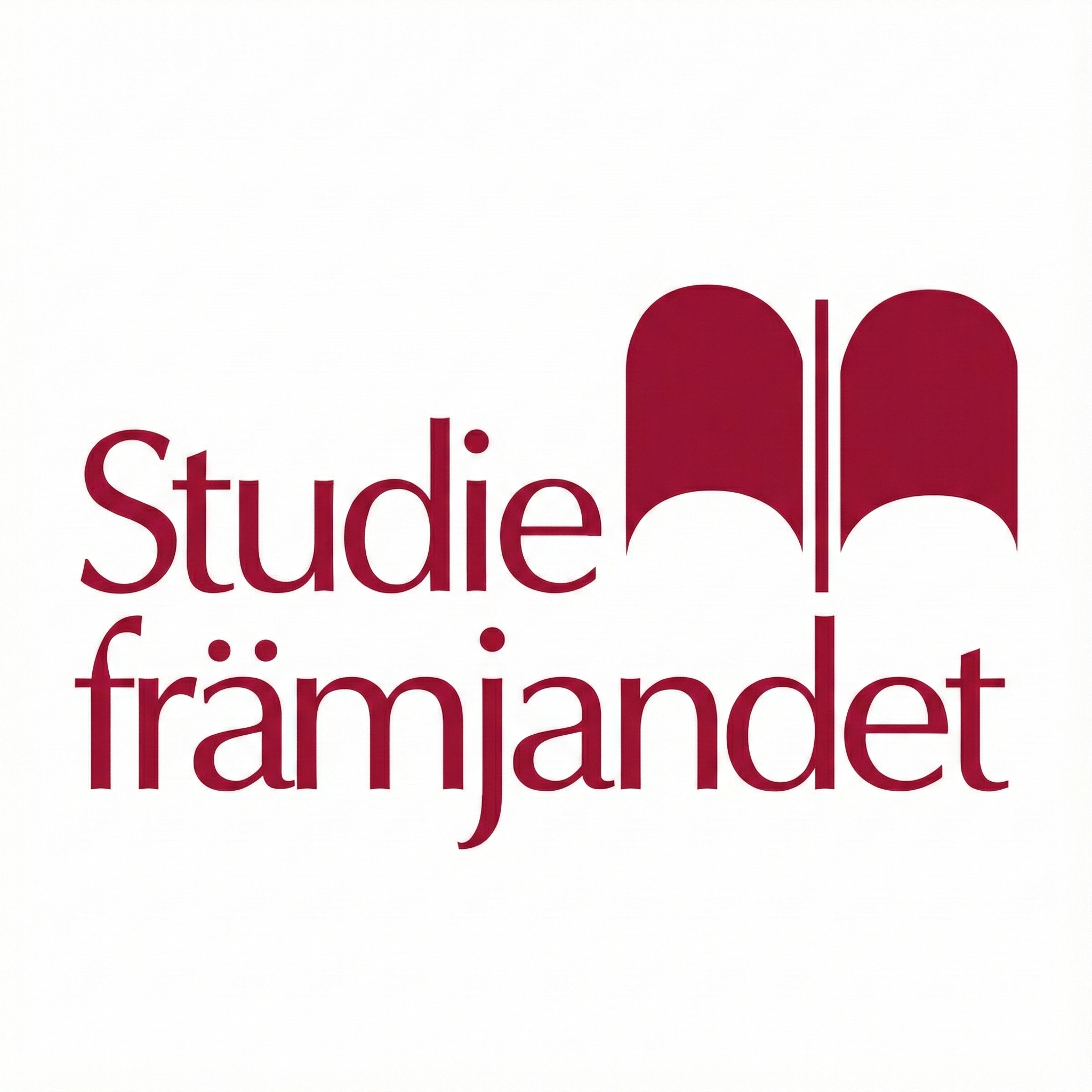 Logotyp med texten ”Studiefrämjandet” i mörkrött, kompletterad av en stiliserad öppen bok uppe till höger. Minimalistisk design på vit bakgrund som signalerar studieförbund och folkbildning.