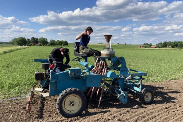 Person sitter på en blå jordbruks-/såmaskin och ger tummen upp, medan en annan person böjer sig ner och justerar utrustningen. Maskinen står på en åker med gröda under blå himmel med moln.