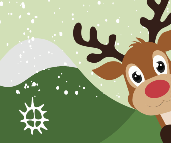 Tecknad ren med stora ögon och röda mulen tittar in från höger, med horn synliga. Snöflingor faller över gröna och vita kullar i bakgrunden, och en vit solsymbol syns nere till vänster.