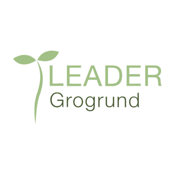 Grön logotyp med en stiliserad grodd till vänster, som står bredvid texten ”LEADER” i versaler och ”Grogrund” under. Svart bakgrund och enkel, modern typografi som signalerar hållbarhet och tillväxt.