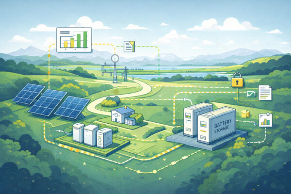Illustration visar ett energisystem där solpaneler och batterilager kopplas samman och övervakas via digitala diagram och dokumentikoner. Streckade linjer visar data- och elflöden i ett grönt landskap; text på enhet: “BATTERY STORAGE”.