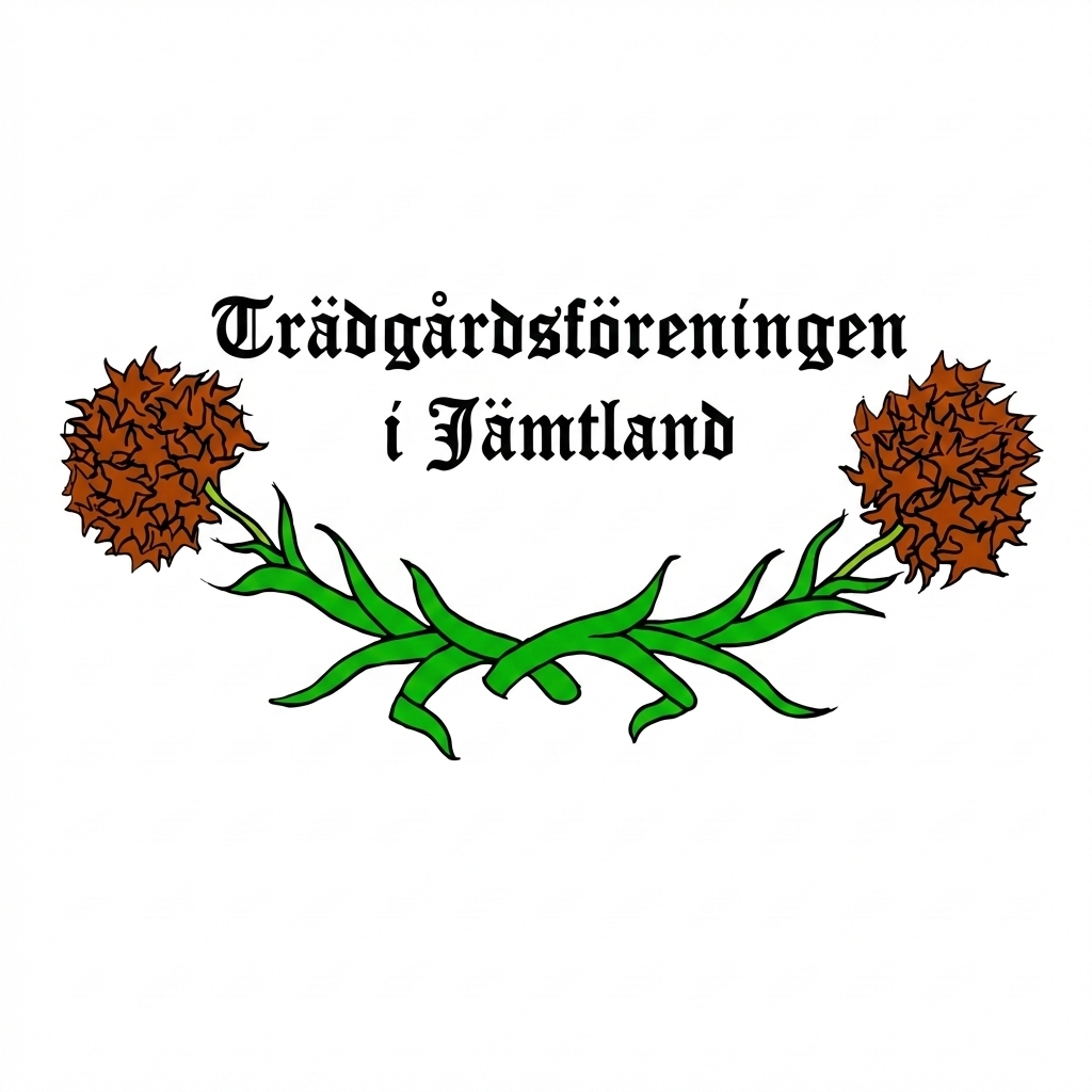 Logotyp med texten ”Trädgårdsföreningen i Jämtland” i svart frakturstil, ovanför två bruna blomhuvuden som sitter på gröna stjälkar och blad som korsas dekorativt mot vit bakgrund.