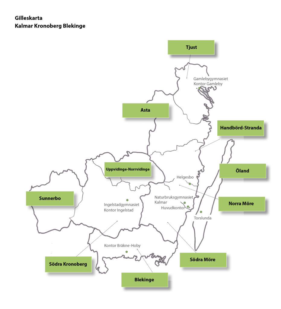 Karta som visar Hushållningssällskapet Kalmar Kronoberg Blekinges alla gillen