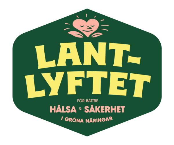 Grön, sexkantig logotyp med ett rosa hjärta med ansikte överst, som strålar. Stor gul text: ”LANT-LYFTET”. Under står: ”FÖR BÄTTRE HÄLSA & SÄKERHET I GRÖNA NÄRINGAR”.