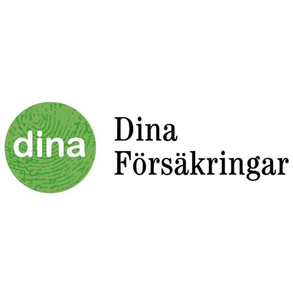 Dina Försäkringars logotyp med ett grönt fingeravtryck och texten ”dina” i vitt, följt av en svart rektangel med företagets namn.