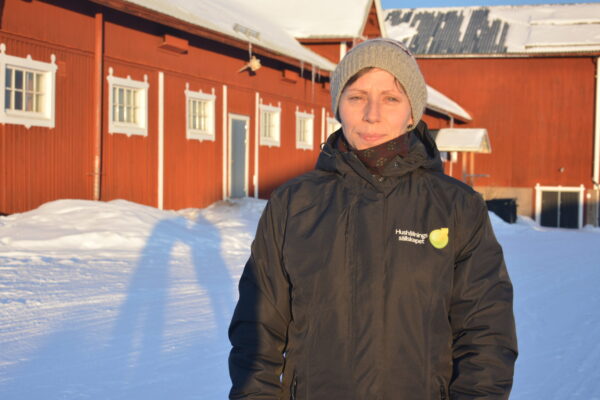 Person i grå mössa och svart vinterjacka står utomhus i stark vintersol framför en röd träbyggnad med snö på marken och taket; på jackan syns texten ”Hushållnings sällskapet”.