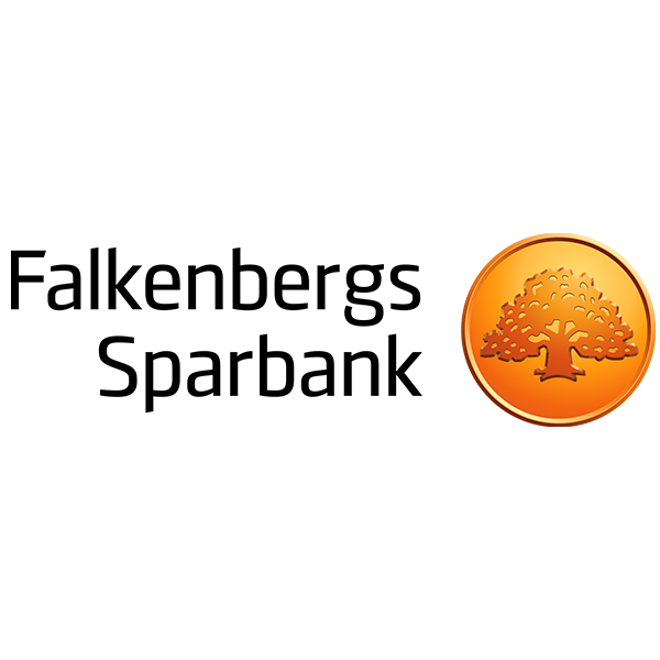Logotyp med en orange cirkel som innehåller ett stiliserat träd i relief, med texten Falkenbergs Sparbank, placerad mot en genomskinlig bakgrund