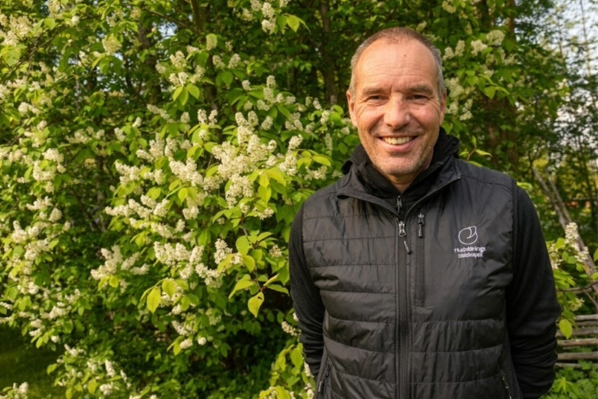 Leende man står utomhus framför en frodig buske med vita blomklasar och gröna blad, med händerna bakom ryggen. Han bär svart vadderad väst med broderad text: ”The land of the open spectacular”.