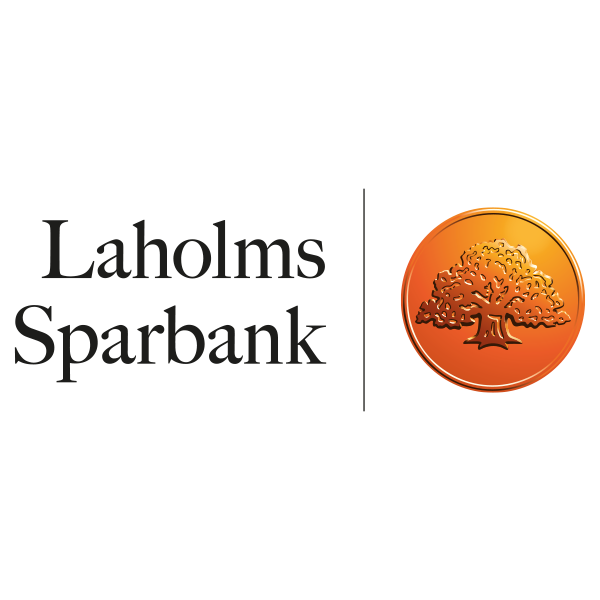Logotyp med en orange cirkel som innehåller ett stiliserat träd i relief, med texten Laholms Sparbank, placerad mot en genomskinlig bakgrund.
