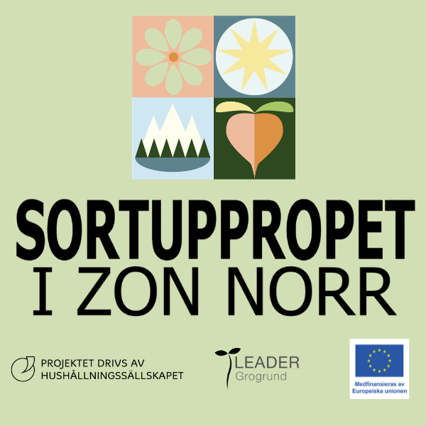 Logotyp med fyra rutor (blomma, sol, berg och rotfrukt) ovanför stor text: “SORTUPPROPET I ZON NORR”. Längst ned syns text och märken: “PROJEKTET DRIVS AV HUSHÅLLNINGSSÄLLSKAPET”, “LEADER Grogrund” samt EU-flagga “Medfinansieras av Europeiska unionen”.