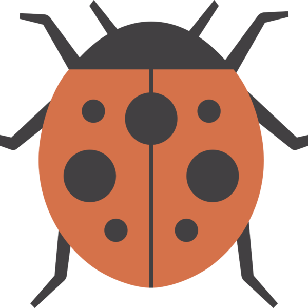 Stiliserad nyckelpiga i enkel grafik, sedd uppifrån med rödorange ryggsköld och svarta prickar, huvud och ben. Insekten är centrerad och symmetrisk mot en enfärgad mörk bakgrund.