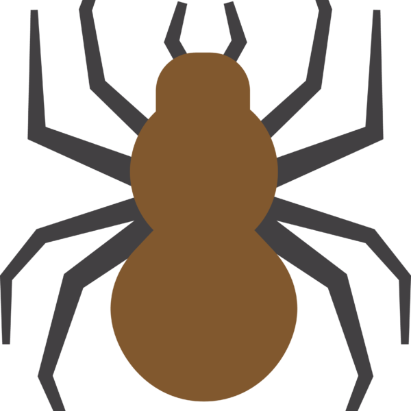 Stiliserad spindel med brun kropp och åtta grå, vinklade ben som sträcker sig utåt. Figuren visas framifrån, centrerad mot svart bakgrund, som en enkel ikon eller illustration.