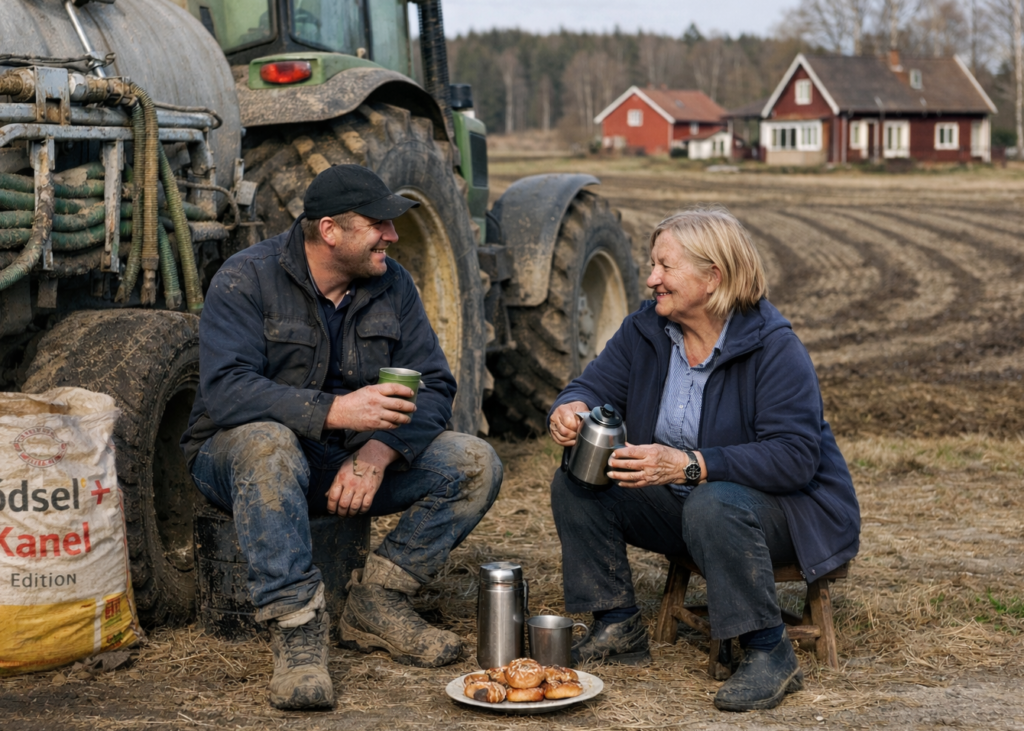 Två lantbrukare tar kaffepaus och småpratar sittande vid en lerig traktor med gödselspridare. Mannen håller en mugg, kvinnan häller ur en termos. På marken står kaffekannor och en tallrik bullar, med åkrar och gårdshus i bakgrunden.