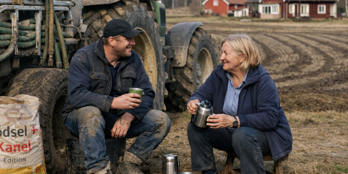 Två lantbrukare tar kaffepaus och småpratar sittande vid en lerig traktor med gödselspridare. Mannen håller en mugg, kvinnan häller ur en termos. På marken står kaffekannor och en tallrik bullar, med åkrar och gårdshus i bakgrunden.