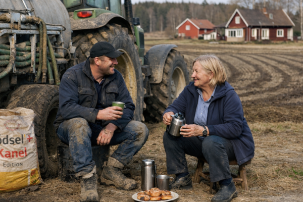 Två lantbrukare tar kaffepaus och småpratar sittande vid en lerig traktor med gödselspridare. Mannen håller en mugg, kvinnan häller ur en termos. På marken står kaffekannor och en tallrik bullar, med åkrar och gårdshus i bakgrunden.
