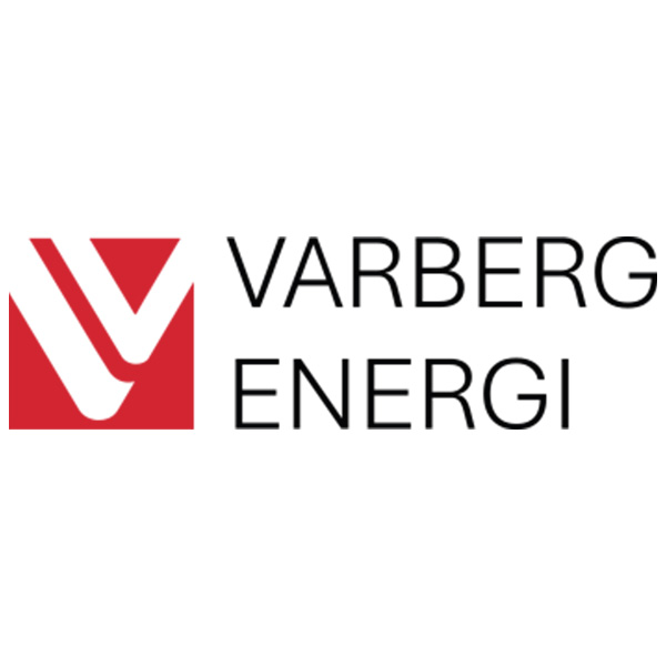 Röd och vit logotyp med stiliserat V i en kvadrat till vänster, bredvid svart text i två rader: ”VARBERG” överst och ”ENERGI” nederst, på vit bakgrund.