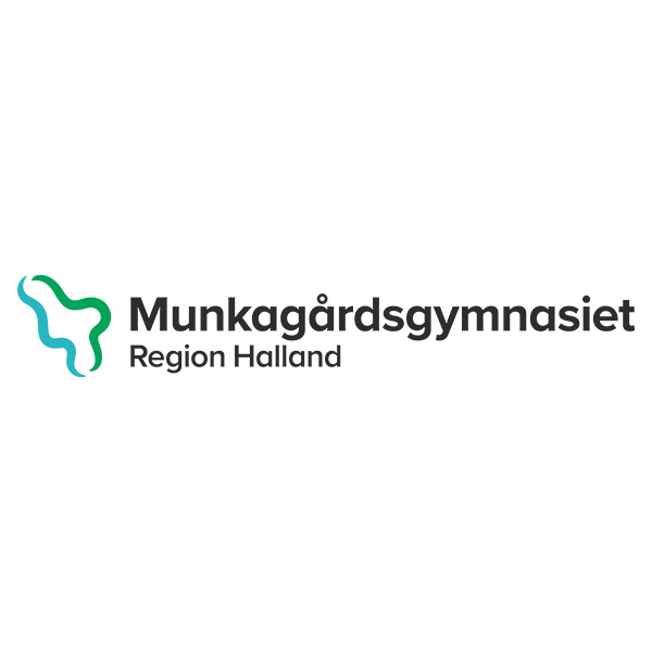Logotyp för Munkagårdsgymnasiet som visas på vit bakgrund: en abstrakt grön och turkos symbol till vänster, med texten ”Munkagårdsgymnasiet” och mindre raden ”Region Halland” till höger.