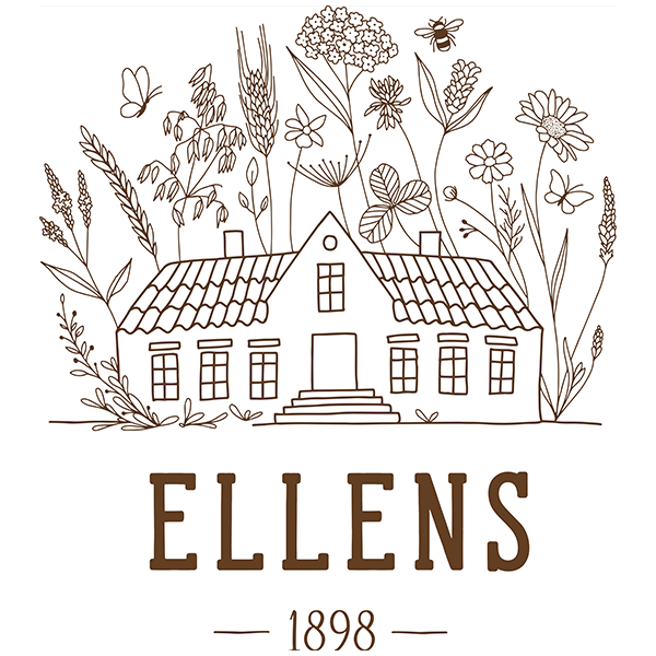 Illustrerad logotyp med ett hus med tegeltak och trappa, omgivet av höga blomster- och grässtjälkar samt en fjäril och en insekt ovanför. Text under motivet: “ELLENS” och “1898”.