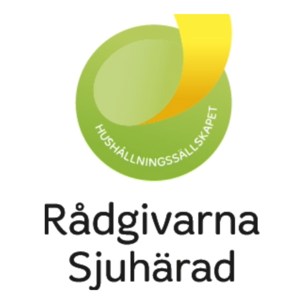 Grön och gul logotyp med rund symbol och texten ”HUSHÅLLNINGSSÄLLSKAPET” runt kanten. Under symbolen står med svart text ”Rådgivarna Sjuhärad” på vit bakgrund.